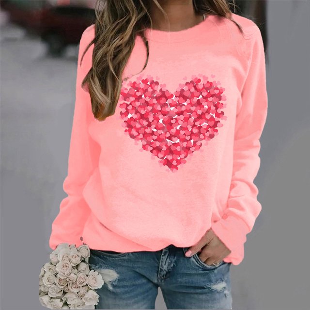 Styesk Chandails à Manches Longues pour Femmes, Imprimé de Cœur, Hauts de Sortie, T-Shirts Confortables et Doux à Col Rond, Chandail à Enfiler, Mode, Ample, Léger, Chandail en Molleton, Graphique de la Saint-Valentin, Hauts Décontractés