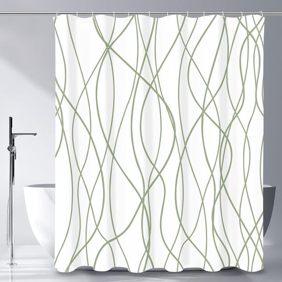 Rideau de Douche à Rayures Abstraites, Ensemble de Rideau de Douche Moderne Minimaliste en Tissu Imperméable avec Crochets 72 Pouces x 72 Pouces - Blanc et Vert Sauge