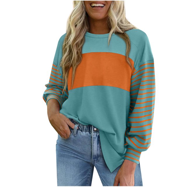 Amzcrzy Chandail en Molleton Femme Col Rond Manches Longues T-Shirts Décontractés Tunique à Rayures Blocs de Couleur Basiques