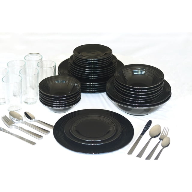 10 Strawberry Street Nova Round 62-Piece Dinnerware Set in black stoneware with ringed rim design, including service for six with dinner plates, salad plates, bowls, glass tumblers, and stainless steel flatware arranged on a white surface, ideal for casual dining and entertaining.