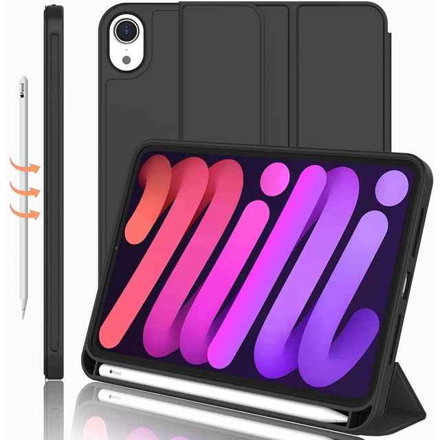 PST iPad Mini 6 6th Gen. / Mini 7 7th Gen. Smart Case Cover in black, featuring a slim magnetic design with a built-in stand and pencil holder. The case includes precise cutouts for camera and ports, supports auto wake/sleep functionality, and offers full protection with a soft microfiber interior. Made of high-quality PU leather, it is lightweight, anti-dirt, anti-fingerprint, and shock-resistant.