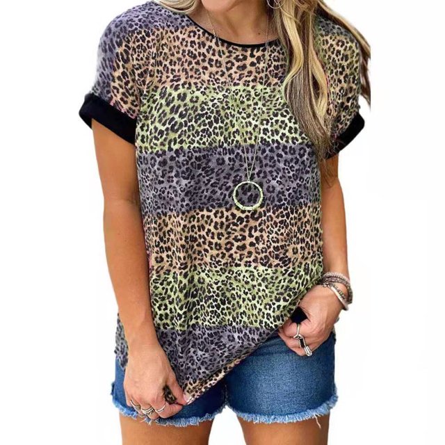 Nouveau T-Shirt à Manches Courtes Léopard pour Femmes Nouvelle Mode T-Shirt de Rue Grande Taille Col Rond Ample Décontracté