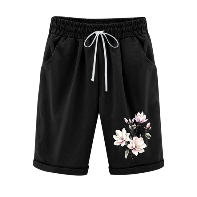 Women Printed Elastic Waist Drawstring With Casual Pockets Shorts