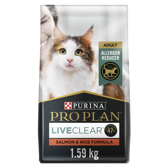 Purina Pro Plan Specialized LiveClear Salmon & Rice, Dry Cat Food, 1.59 kg bag featuring a close-up of a white and brown adult cat with green eyes, highlighting allergen reduction, high protein salmon formula, and live probiotics for digestive and immune health.