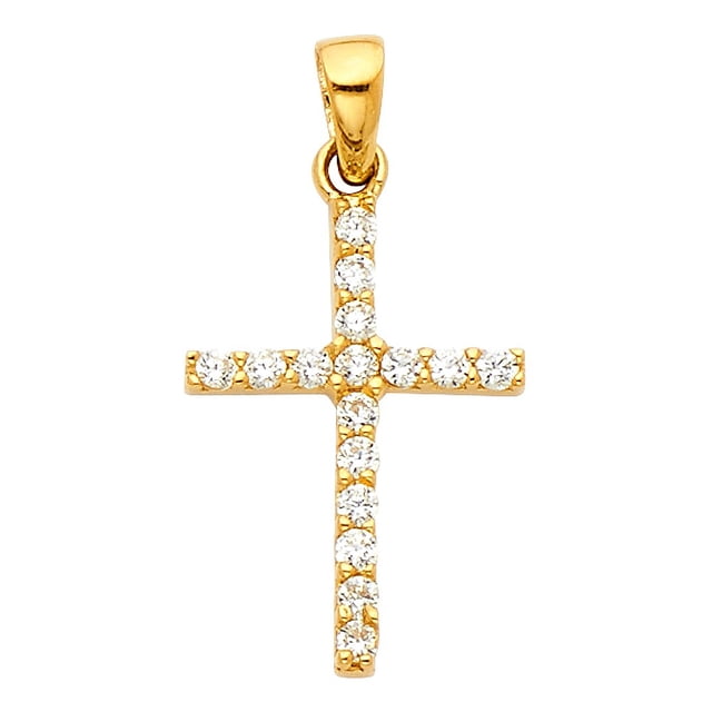 Precious Stars 14K Yellow Gold Cubic Zirconia Fancy Cross Pendant, featuring a cross design lined with round-cut cubic zirconia stones. Crafted from 14-karat yellow gold, the pendant measures 0.78 inches (20 mm) in length and 12 mm in width, with a weight of approximately 0.7 grams. Chain not included.