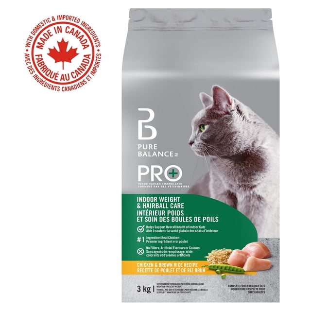 Pure Balance Pro+ Indoor Weight & Hairball Care with Chicken & Brown Rice Dry Cat Food 3 kg bag featuring a gray cat with green eyes in profile, green label highlighting real chicken as the first ingredient, no fillers or artificial colors, and a red maple leaf Made in Canada seal.