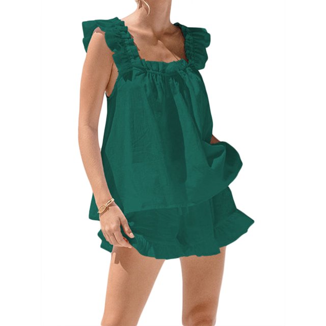 Faithtur Womenacute;s Summer 2PCS Pajamas Sets Sleeveless Backless Sling Vest + Solid Color Ruffle Shorts