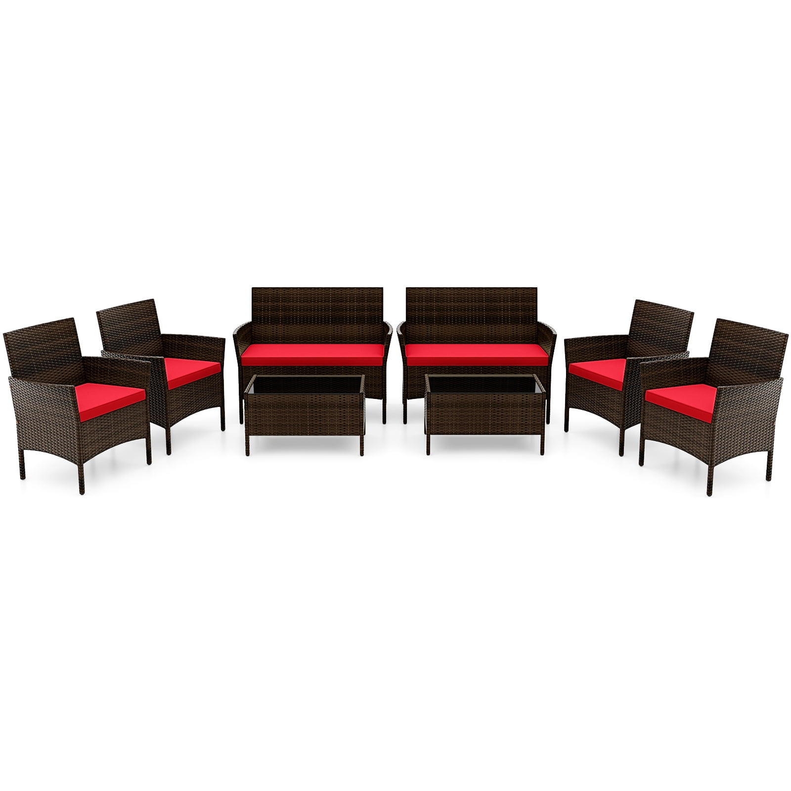Costway Ensemble de Mobilier de Patio 8 Pcs avec Coussins Lavables et Table Basse en Verre Trempé Rouge