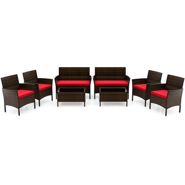Costway 8PCS Patio Rattan Furniture Set Cushioned Sofa Coffee Table Backyard Porch Red