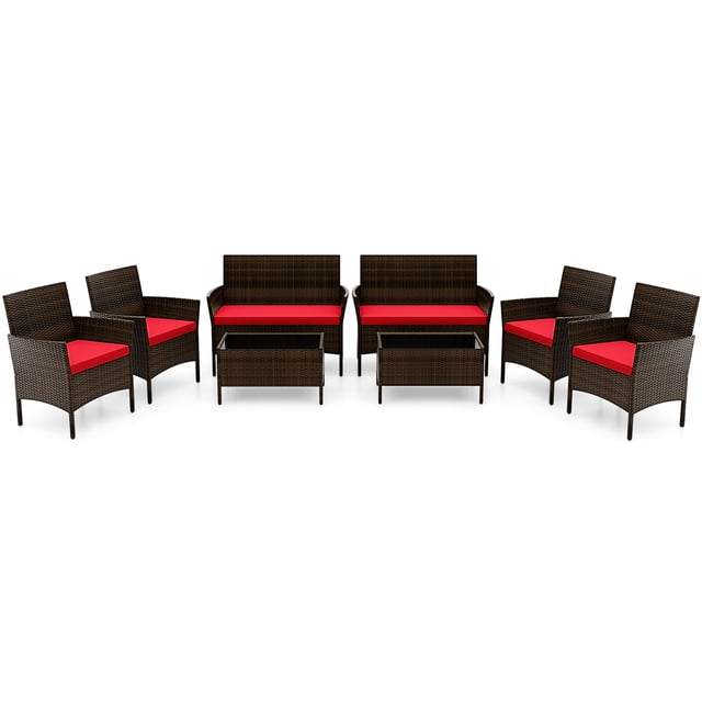 Costway Ensemble de Mobilier de Patio en Rotin 8 Pcs Canapé Coussiné Table Basse Cour Arrière Véranda Rouge