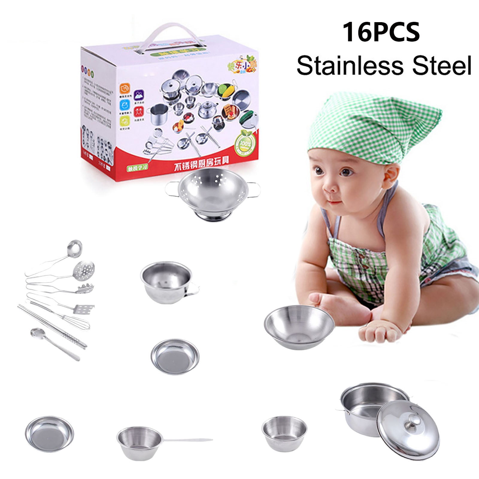WLOELOEW Silver 16 Pcs Set Kids House Kitchen Toys Cookware Cooking Utensils Pots Pans Gift
