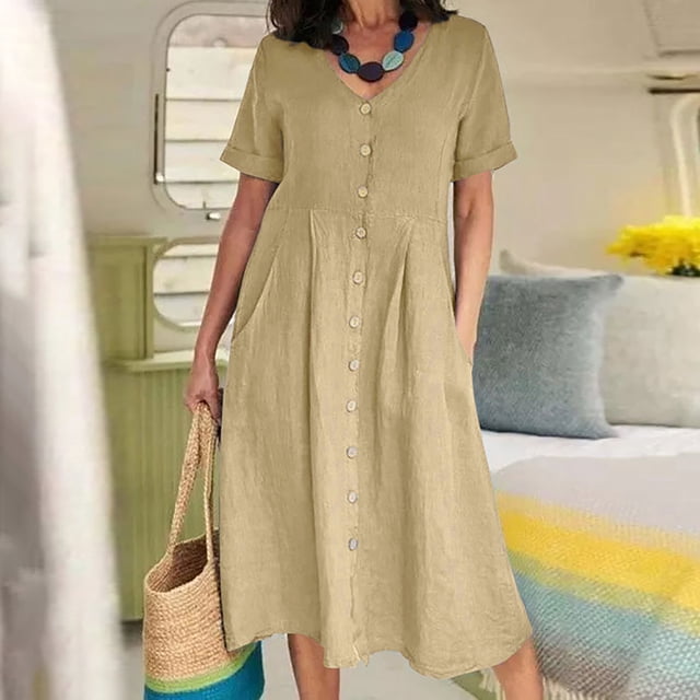 Robe d'Été Mode Femme Été Décontractée Col en V Manches Courtes Bouton Poche Coton Lin Robe Femmes Robes Été Décontractées en Liquidation