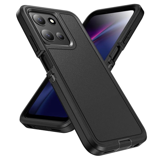 Motorola Moto G 5G 2025 Étui Protecteur Rigide avec Conception Antichoc à Triple Couche et protection Antichute. l'Étui Comprend des Découpes Précises pour un Accès Facile aux Boutons, ports et Commandes, avec une Prise Antipoussière pour le port de Chargement. Sa construction 3-en-1 en Armure avec Bords Surélevés et Coins Renforcés Offre une protection Accrue contre les Chutes, les Rayures et la Poussière. Présenté dans une Finition Noire avec une surface Texturée, l'Étui Est Affiché sur un Téléphone Motorola Moto G 5G 2025