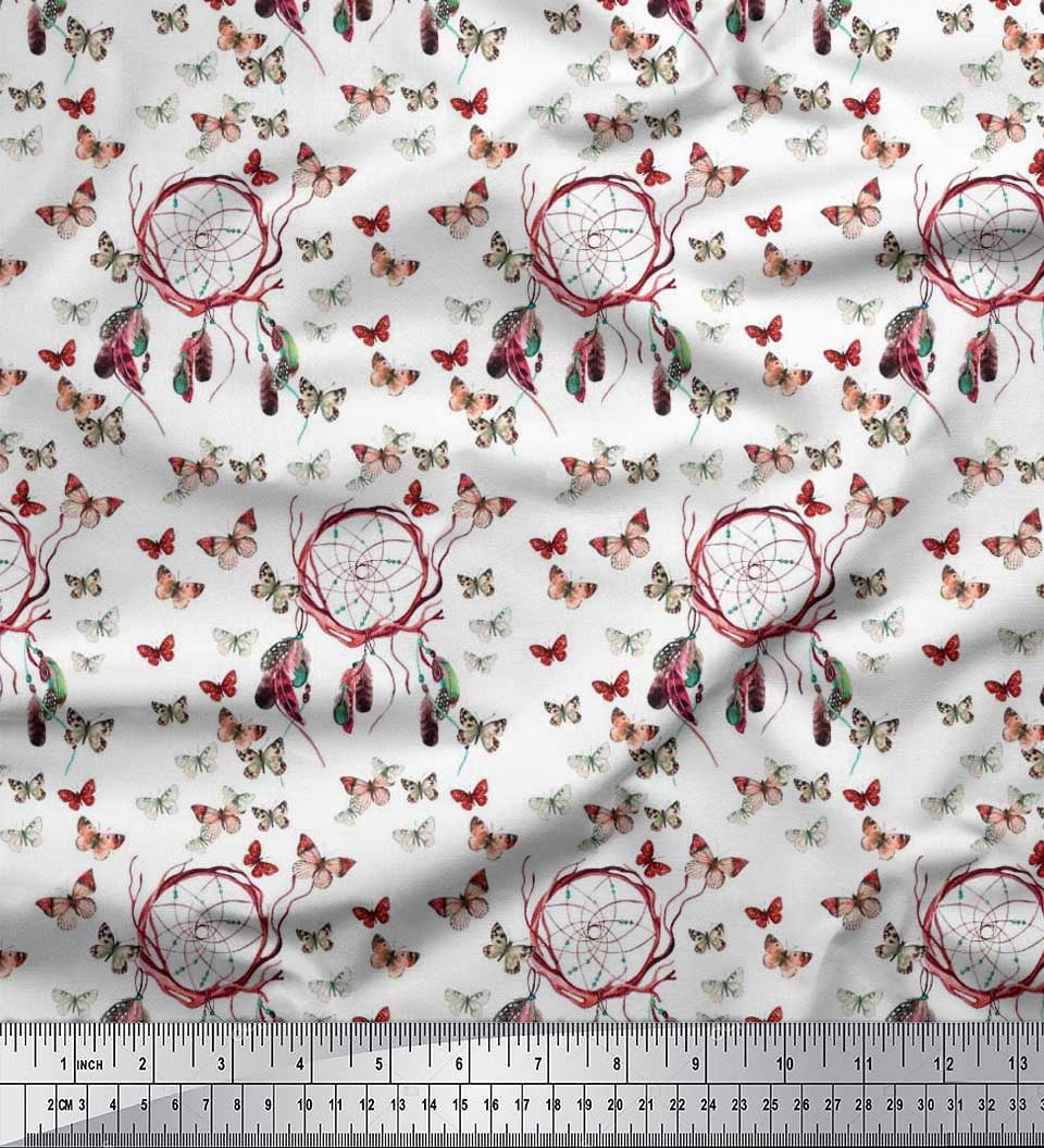 Soimoi Rayon Crepe Fabric Dream Catcher & Butterfly Decor Fabric Printed Yard 46 Inch Wide