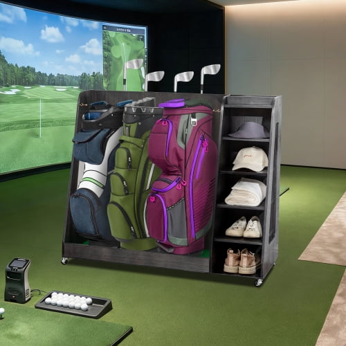 Organisateur de Golf en Bois Gris de 47,2 Pouces avec 3 Tiroirs : Étagère de Rangement Robuste à 2 Sacs pour Clubs, Chaussures et Accessoires – Usage Garage Intérieur/extérieur, Assemblage Facile