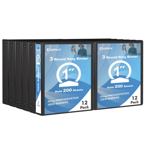 Comix Sturdy 1 inch 3 Ring View Binder, 1" Round Ring, 200 Sheets Paper, 12 Pack Black 2mm-thick cardboard