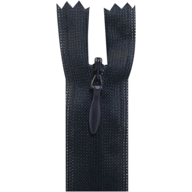 Costumakers Invisible Closed-End Zipper 20 cm (8), Navy, #2.5 Nylon Coil close-up showing a navy blue lightweight nylon coil zipper with closed-end construction and black pull tab, ideal for sewing fasteners in dresses, skirts, and trousers, also suitable for craft projects requiring discreet closures.