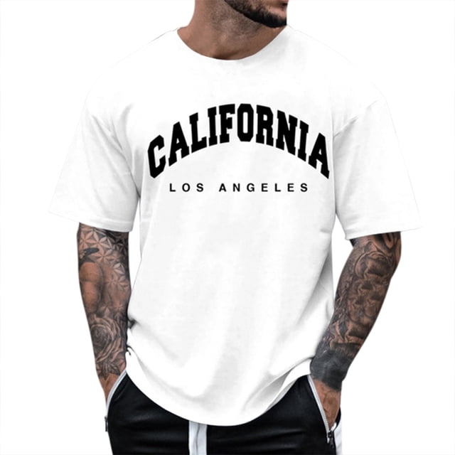 BOBOGOJP T-Shirts pour Hommes T-shirt Graphique à Manches Courtes en Blanc, Taille G. Ce T-shirt d'Été Décontracté Présente un Imprimé de Lettres « California Los Angeles » Audacieux à l'Avant, un Col Rond et des Manches Courtes. Fabriqué à Partir d'Un Mélange Léger de 95 % polyester et 5 % Élasthanne, Il Offre une Coupe Régulière et un Confort Infroissable. Idéal pour le Port Quotidien.