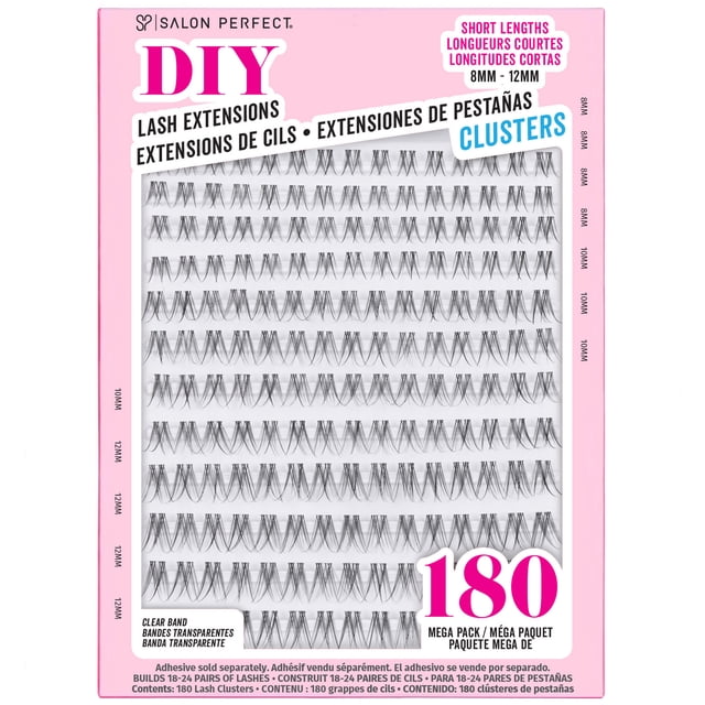Salon Perfect DIY Lash Extensions Clusters Short 180 Count package with 180 black eyelash clusters in short lengths of 8mm, 10mm, and 12mm arranged in rows with clear bands on a pink background, designed to build 18-24 pairs of lashes using adhesive sold separately.
