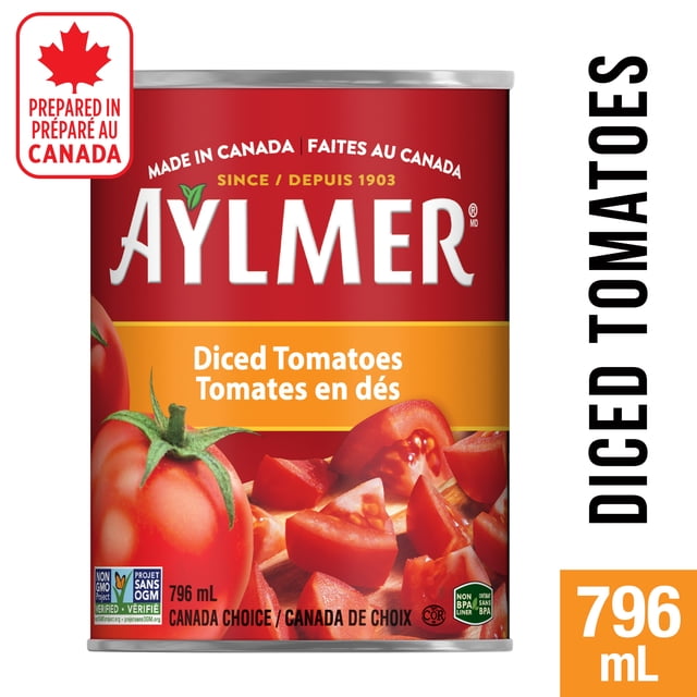 Aylmer Tomatoes Diced 796 mL can with a red and orange label showing fresh vine-ripened diced tomatoes and whole tomatoes, made in Canada, non-GMO verified, BPA-free, ideal for adding real tomato flavour and antioxidants to recipes.
