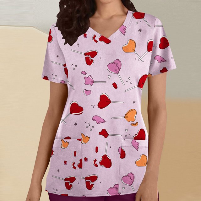 LSLJS Fashion Woman Solid V--Neck Short Sleeve T-Shirt Printing Loose Blouse Tops, Womens Plus Scrubs