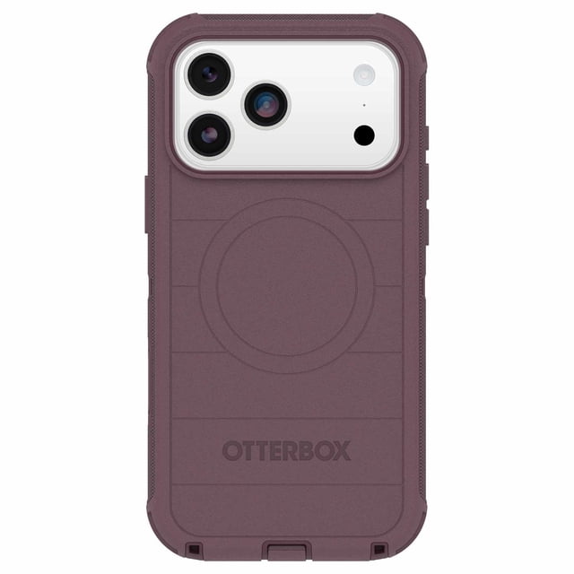 OtterBox Defender Pro MagSafe Case w/Camera Control Trailhead in purple for iPhone 17 Pro Max, rear view showing tri-layer protection with textured silicone cover, rigid inner shell, and memory foam backing. Features include MagSafe magnet ring, reinforced corners, port covers, and strap anchors for enhanced grip and 7X military-grade drop defense.