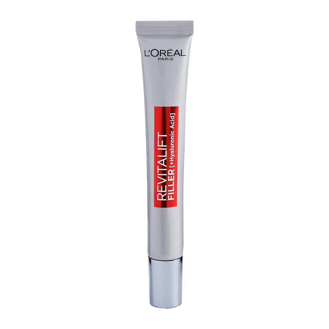 Soin des Yeux Repulpant Anti-âge avec Acide Hyaluronique + Caféine Revitalift Volumisant par L'Oréal Paris, un tube Argenté avec Capuchon Métallique et Étiquette Rouge, un Hydratant pour les Yeux Qui Hydrate, Repulpe la Peau et Réduit les Rides Autour des Yeux.