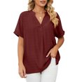 thumbnail image 1 of FJUCHAI Womens Shirts V Neck Short Sleeve Buttons Tops Tee Solid Color Blouse Loose Fit S-XXL, 1 of 9