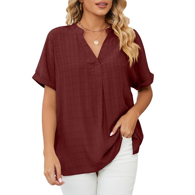 FJUCHAI Womens Shirts V Neck Short Sleeve Buttons Tops Tee Solid Color Blouse Loose Fit S-XXL