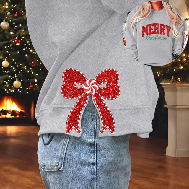 Chandails en Molleton de Noël pour Femmes avec Nœud Latéral Appliqué Chandail en Molleton Oversize Chandails en Molleton Col Rond Manches Longues Chandail Top Chandail en Molleton Sans Capuche pour Femmes