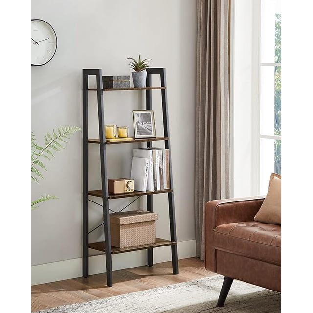 VASAGLE Ladder Shelf, 4-Tier Bookshelf, Storage Rack, Bookcase with Steel Frame, for Living Room, Home Office, Kitchen, Bedroom, Industrial Style, Hickory Brown and Matte Black front-facing 4-tier ladder bookshelf with hickory brown particleboard shelves and matte black steel frame, X-shaped rear brace and adjustable feet, 34.5 x 56 x 137.5 cm (13.6"D x 22"W x 54.1"H), staged with books and potted plants; often used as a compact display or kitchen storage rack.
