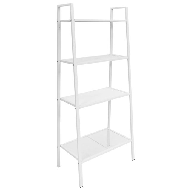 vidaXL Adult 4-Tier Ladder Bookcase and Book Shelf in white metal with a matte finish. This rectangular shelving unit features a compact ladder design with four mesh shelves, ideal for storing books, magazines, or displaying decorative items. Made of durable steel, it measures 14.0 x 24.4 x 58.3 inches and is suitable for indoor use in spaces like bathrooms, living rooms, or offices. Assembly required.