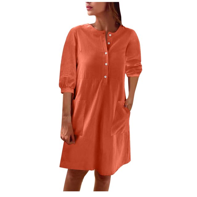 AherBiu Robe Courte en Coton et Lin pour Femmes, Manches 1/2, Boutonnée, Col Ras du Cou, Décontractée, Ample, Légère
