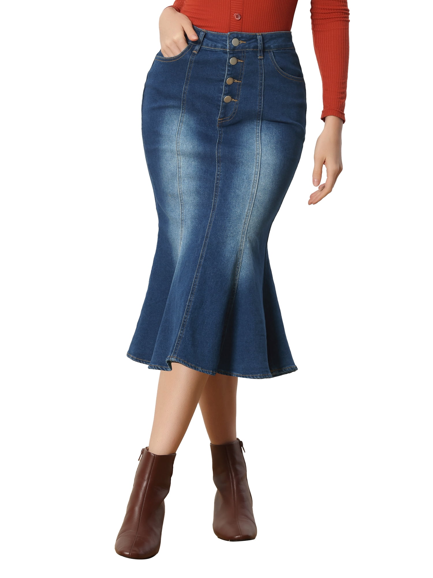 Unique Bargains Jupe Queue de Poisson pour Femme Jupe Longue en Denim Délavé pour Femme