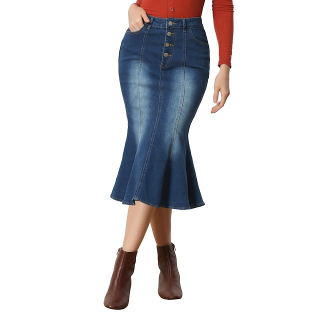 Unique Bargains Jupe Queue de Poisson pour Femme Jupe Longue en Denim Délavé pour Femme