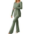 thumbnail image 1 of Women‘s Two Piece Knit Matching Outfits Crew Neck Slit Hem Tee And Pants Tracksuit Sets, 1 of 5