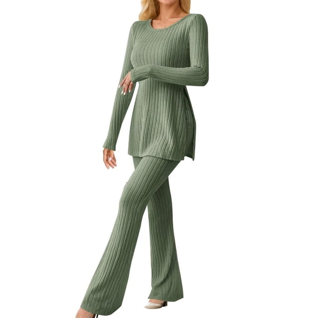 Women‘s Two Piece Knit Matching Outfits Crew Neck Slit Hem Tee And Pants Tracksuit Sets