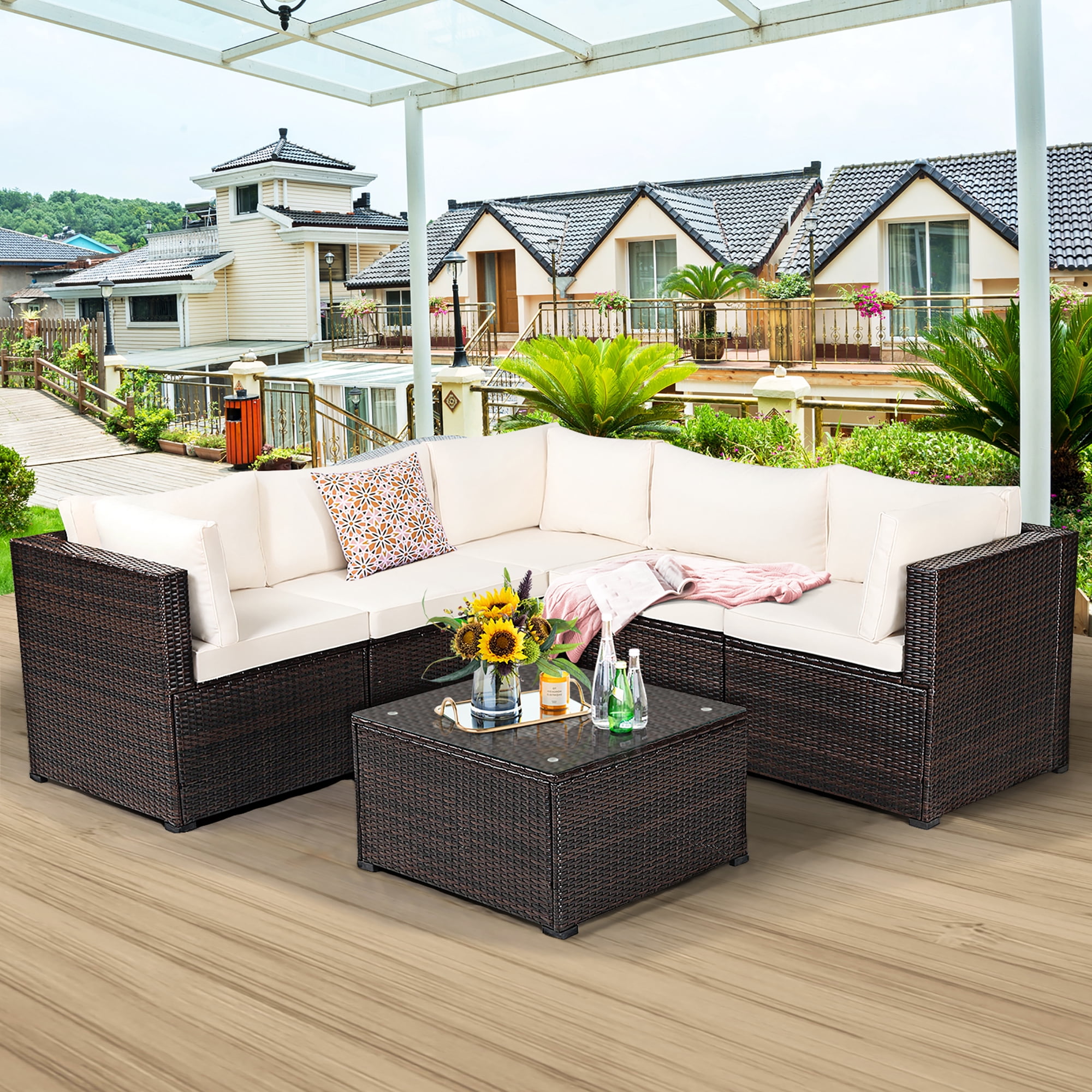 Costway Ensemble de Mobilier de Terrasse en Rotin 6 Pcs Sectionnel Canapé Coussiné pour Terrasse Beige