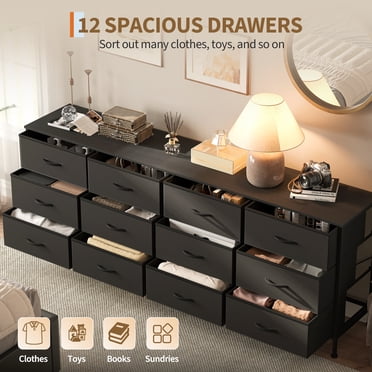 Commode de 70 Pouces et Meuble Télé avec 12 Grands Tiroirs en Tissu et Station de Recharge – Grand Coffre, Centre de Divertissement pour Téléviseurs de 65 à 80 Pouces – Organisateur de Rangement pour Chambre, Salon – Noir