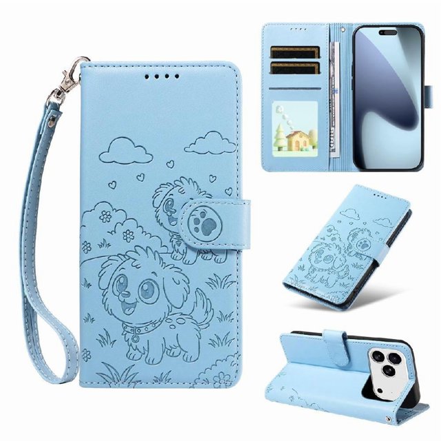 Compatible with iPhone 17 Pro Case Wrist Strap Leather Dog Embossed Pocket Card Slot Holders