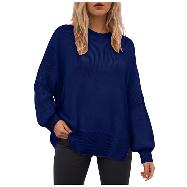 WUANDIXFA Chandails pour Femmes pour l'Automne Chandails pour Femmes à Manches Longues Fente Latérale Col Rond Chandails Molletonnés à Enfiler Hauts de Mode pour Femmes Vêtements Corset Vêtements d'Extérieur Bleu Marine,P