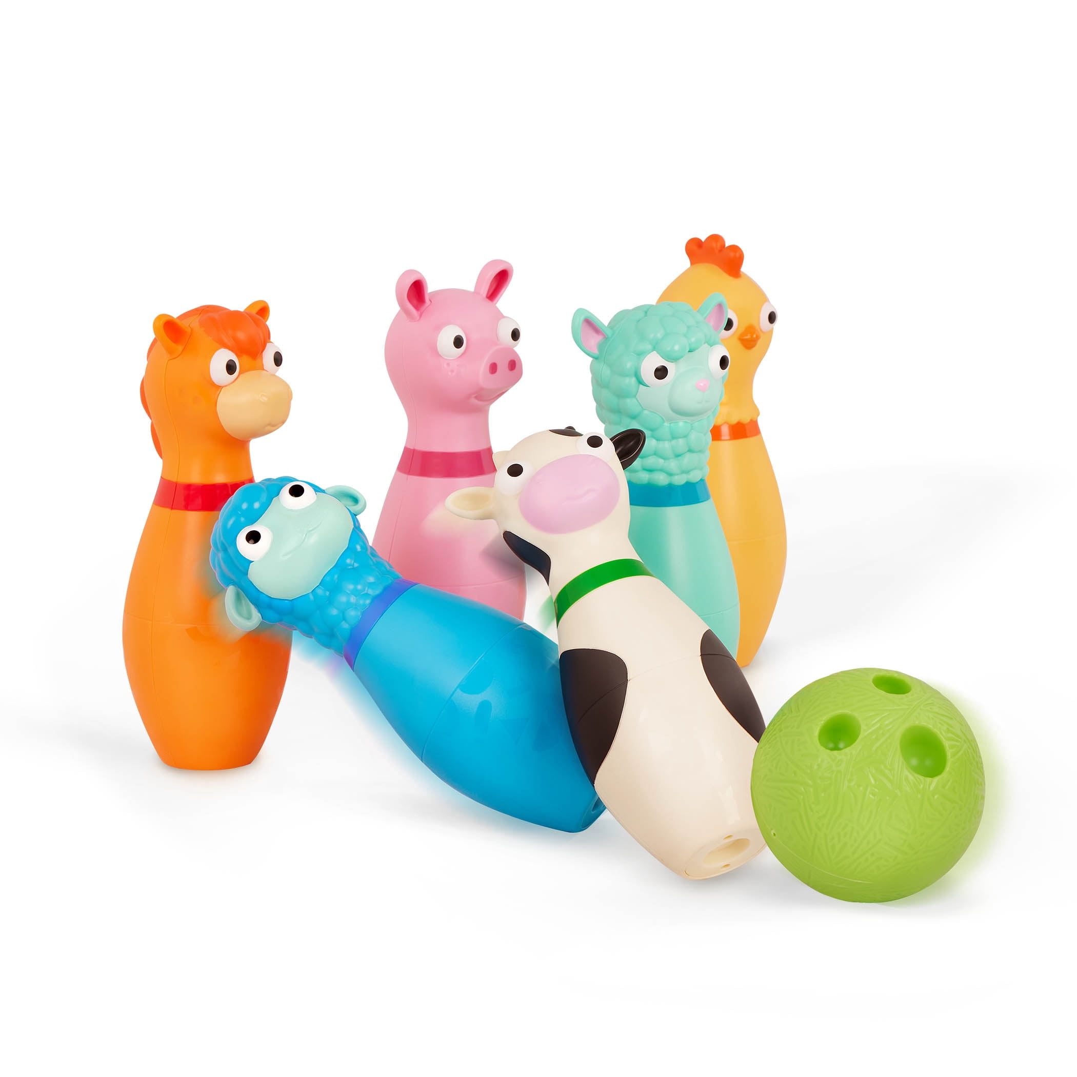 Jeu de Quilles de la Ferme Battat avec 6 quilles en forme d’animaux de la ferme et 2 boules – Jouet pour tout-petits et enfants d’âge préscolaire