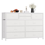 Modern White 10-Drawer Dresser & TV Stand – Wide Storage Chest with Fabric Drawers, Steel Frame, Wood Top – Bedroom, Living Room, Nursery – Color: White Leather