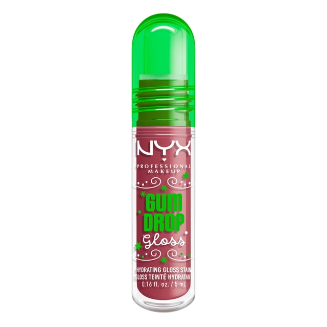 NYX Professional Makeup Gomme des Fêtes en Gouttes Lip Gloss Bubblegum Burst dans un tube Transparent avec un Capuchon Vert, Présentant un Texte Vert et Blanc à Thème Festif des Fêtes, Contenant 0,16 fl oz. Gloss Hydratant Teinture Qui Offre une Couleur Audacieuse, une Brillance Longue Durée et une Hydratation des Lèvres, Convient pour Ajouter une Ambiance des Fêtes Vibrante aux Lèvres.