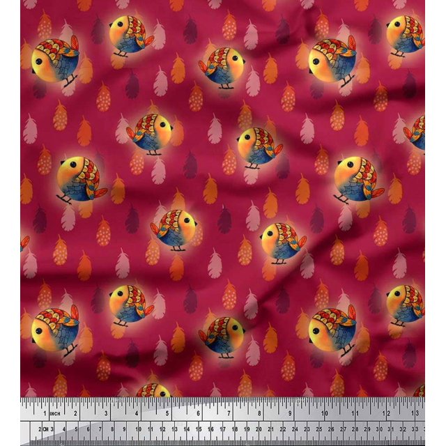 Soimoi Polyester Crepe Fabric Feather & Bird Cartoon Print Fabric by The Yard 52 Inch Wide
