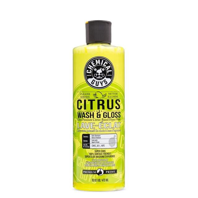 Chemical Guys Citrus Wash & Gloss Concentrated Shampoo in a yellow plastic bottle with black flip-top cap, displaying the brand's black and white logo and product details about its citrus-based formula, gloss enhancer, and 16 oz (473 ml) volume, suitable for car shampoo and auto detailing to clean and enhance vehicle paint shine.