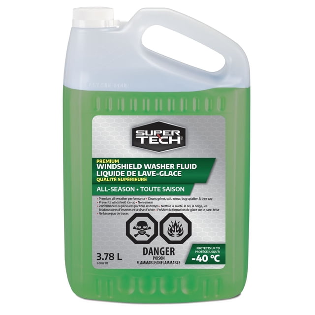 SUPERTECH - Liquide Lave-Glace Toutes Saisons -40 °C dans une Pichet en Plastique Vert Translucide de 3,78 L avec Bouchon à Vis Blanc et Poignée, Doté d'Une Étiquette Bilingue pour un Nettoyage Haut de Gamme par Tous les Temps, la Prévention de la Glace et une Visibilité du Pare-Brise Sans Traces, Idéal pour les Climats Canadiens.