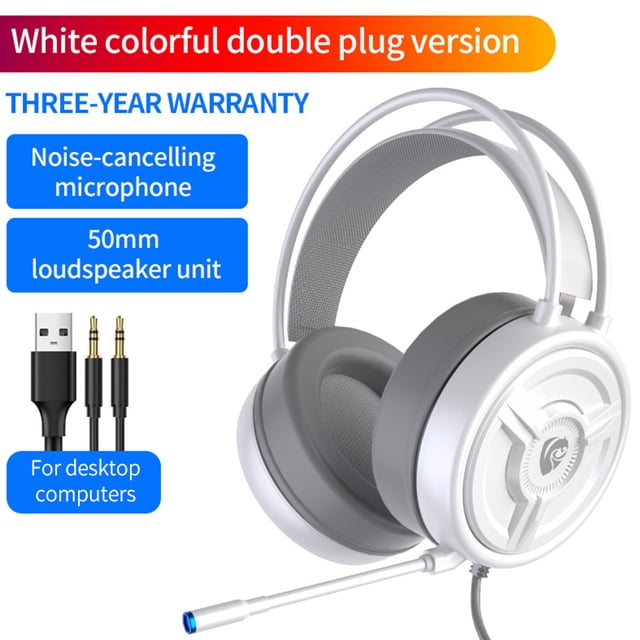 Edgergery Headset Wired Gaming Desktop Laptop Gaming Headset With Microphone in a white design featuring a noise-cancelling microphone, 50mm loudspeaker unit, and dual plug connectivity for desktop computers. The headset includes soft cloth earmuffs for comfort, an adjustable headband, and a volume dial for sound customization. Suitable for PC gaming and online communication.