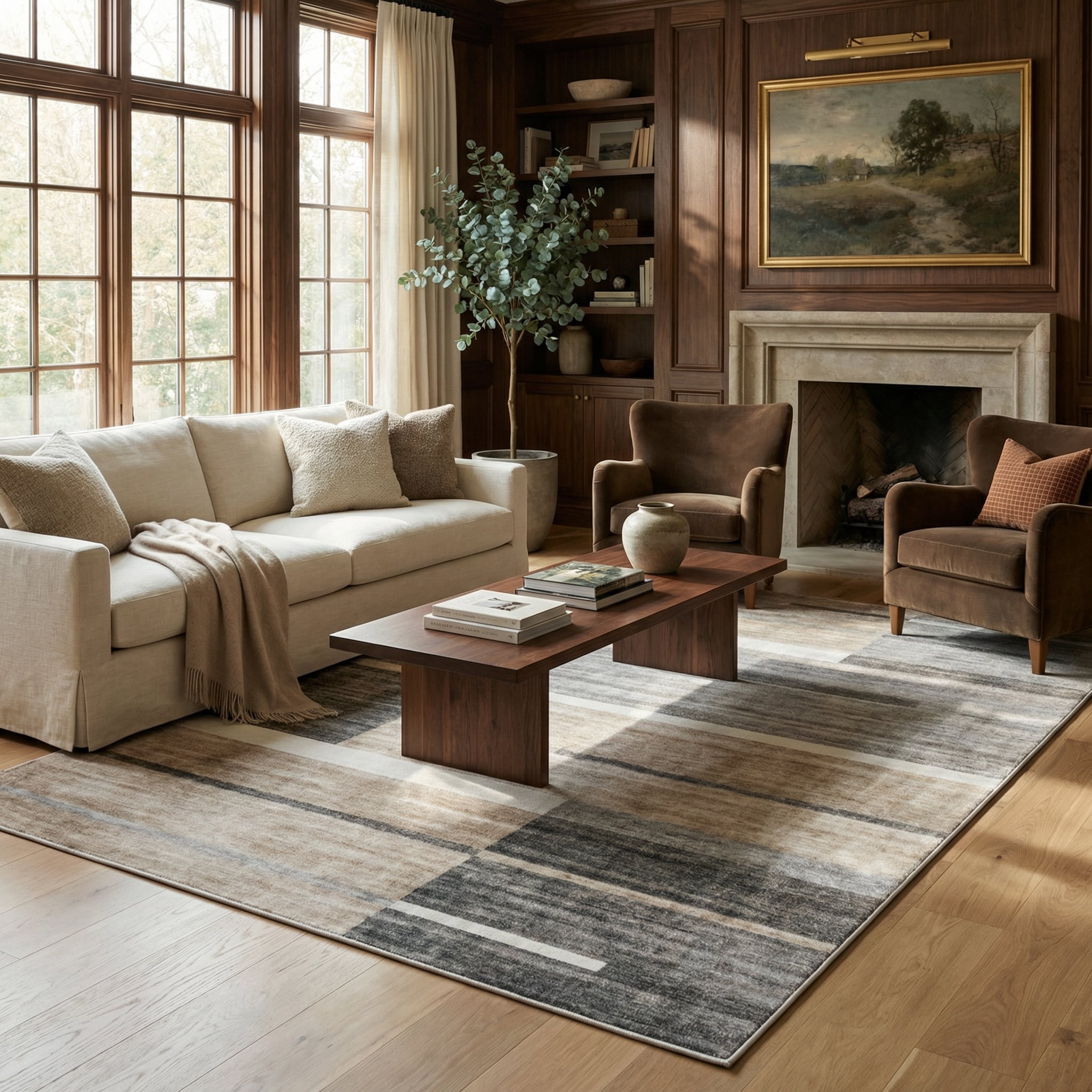 Tapis d'interieur moderne du milieu du siecle Rug Branch Eclipse, marron gris, geometrique - Salon, chambre, salle a manger et bureau
