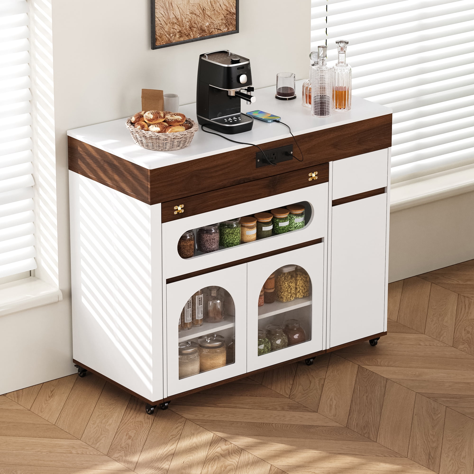 Table de salle à manger extensible Noble House TREXM avec plateau rabattable extra-long, îlot de cuisine roulant avec tiroirs (Noyer + Blanc crème)